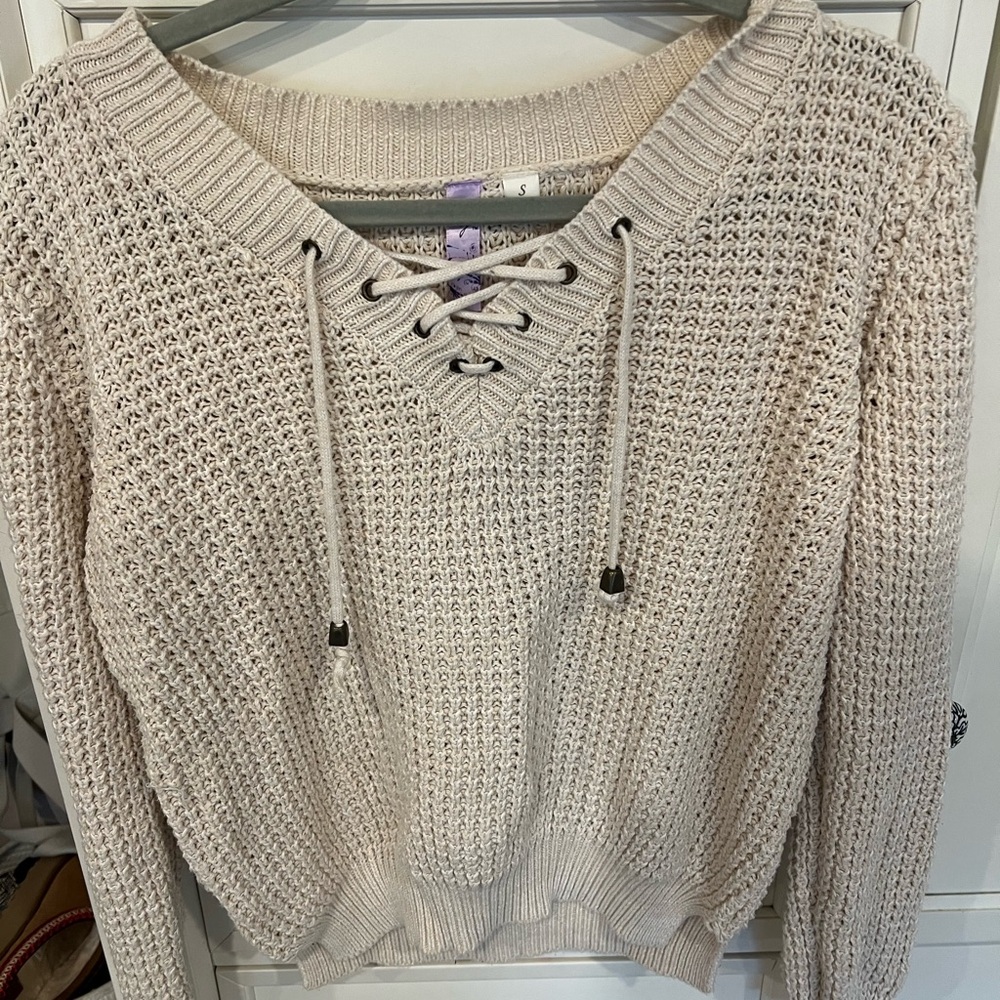 Alya Women's Beige Lace-Up V-Neck Sweater